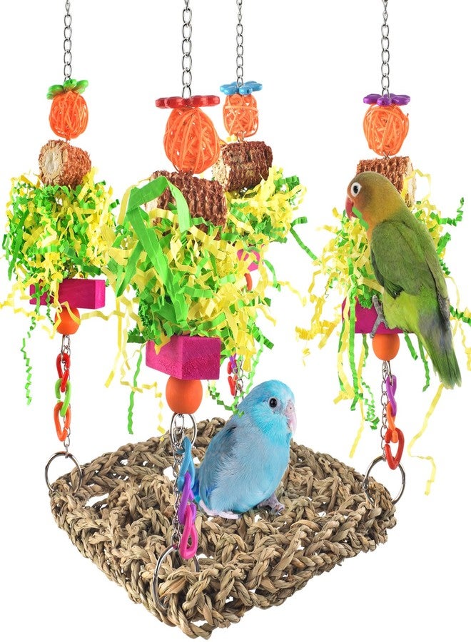ERKOON Conure Toys, Bird Cockatiel Toys Foraging Swing Mat Parrot Climbing Hammock Wall with Colorful Toys for Birds Shredding Seagrass, Birds Cage Toy Accessories - Image 1